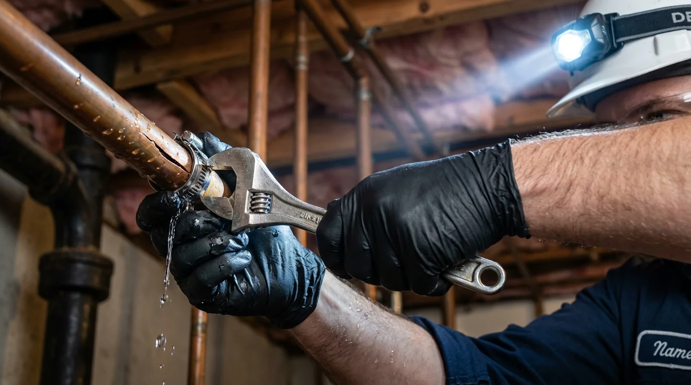 Emergency pipe clamp repair being performed by a Johns Plumbing LLC plumber in Punta Gorda