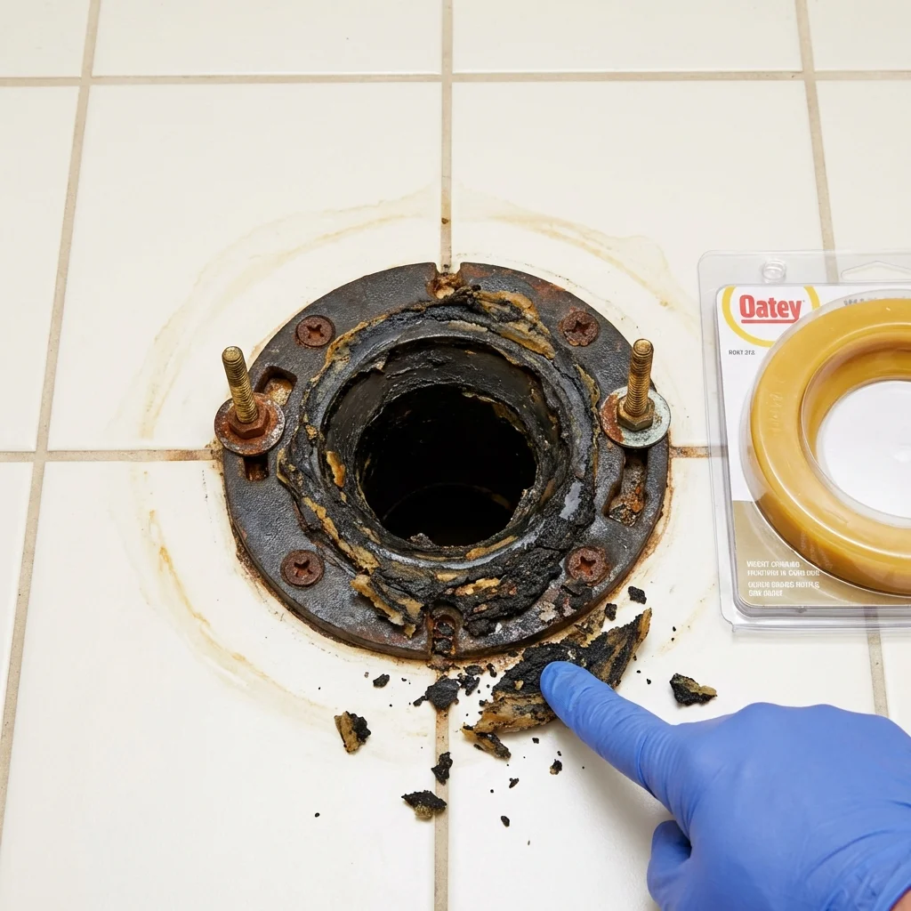 Failed wax ring showing water seepage at the base of a toilet in a Punta Gorda, FL home